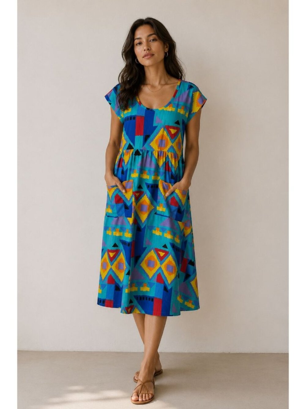 Vintage APPEL USA Bright Geometric Print Short Sleeve Patio House Dress Size M